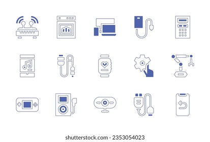 Device icon set. Duotone style line stroke and bold. Vector illustration. Containing router, oven, devices, device, alarm, smartphone, cable, smartwatch, robotic arm, game console, player, webcam.