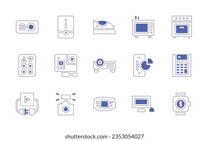 Conjunto de iconos del dispositivo. Curso de línea de estilo duotónico y negrita. Ilustración vectorial. Consta de proyector, cpu, hierro, tv, horno, mando a distancia, cámara de acción, gráfico circular, calculadora, enchufe y reproducción, flash de la cámara.