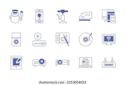 Device icon set. Duotone style line stroke and bold. Vector illustration. Containing router, projector, headphones, sync, graphic card, game console, headset, smart tv, smartwatch, microphone, virtual