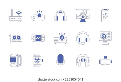 Conjunto de iconos del dispositivo. Curso de línea de estilo duotónico y negrita. Ilustración vectorial. Enrutador, proyector, auriculares, sincronización, tarjeta gráfica, consola de juegos, auriculares, tv inteligente, reloj inteligente, micrófono, virtual
