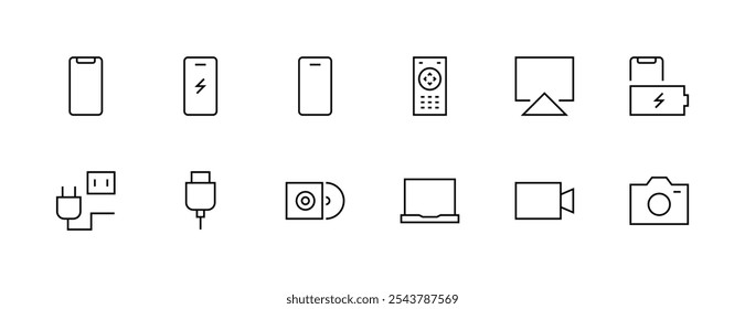 Device icon set. Electronic devices, gadget, smartphone, cable, plug, tablet, camera, laptop, remote and more. Editable stroke. Pixel Perfect. Grid base 32px.