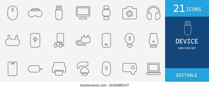 Device icon set featuring technology, electronic, digital, smartphone, laptop, and accessories. Minimal, modern vector illustration perfect for  and web design.
