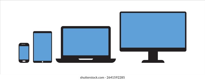 Device icon set in flat style. Smartphone, tablet, laptop and desktop computer symbols. Digital device collection. Vector illustration
