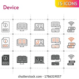device icon set. included professor, ebook, homework, book, doc icons on white background. linear, bicolor, filled styles.