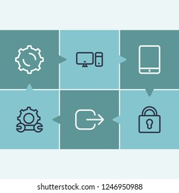 Device icon set and ios tablet with lock, desktop computer and repair. Padlock related device icon vector for web UI logo design.