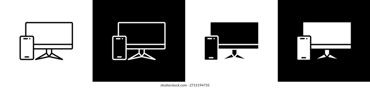 Device icon set in line and glyph style on black and white background