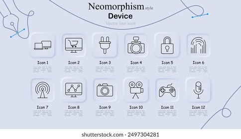 Device icon set in neomorphism style. Laptop, shopping cart, plug, camera, padlock, fingerprint, antenna, analytics, photo, video camera, game controller, microphone, vector line art