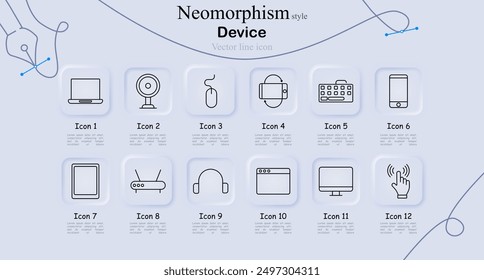 Device icon set in neomorphism style. Laptop, webcam, computer mouse, smartphone, keyboard, tablet, router, headphones, monitor, touch screen, vector line art, technology, electronics