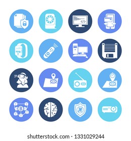 Device icon set and radio with blockchain, artificial intelligence and antivirus. Coding related device icon vector for web UI logo design.