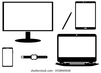 Device icon set: Smartphone and Smartwatch, Laptop, Monitor and Tablet