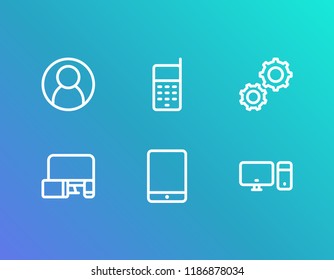 Device icon set and user with ios tablet, desktop computer and devices. Old phone related device icon vector for web UI logo design.