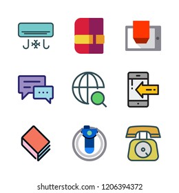 device icon set. vector set about e reader, air conditioner, smartphone and virtual reality icons set.