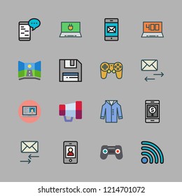 device icon set. vector set about virtual reality, floppy disk, game controller and coat icons set.