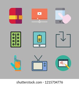 device icon set. vector set about download, agenda, video player and virtual reality icons set.