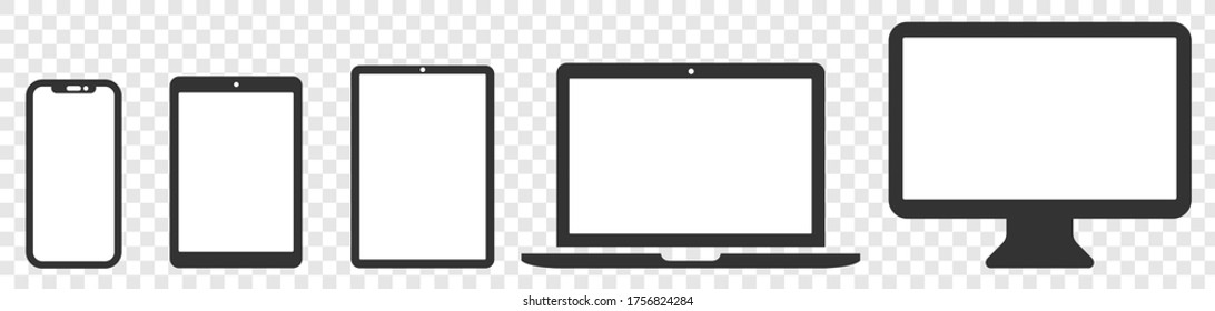 Device icon set with white screen – Symbol laptop, mobile, tab, monitor – Isolated black and white flat collection – Vector EPS10