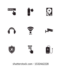 Device icon set and wi-fi with power bank, hdd and web address. Www related device icon vector for web UI logo design.