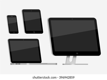Device Icons: cellphone, laptop, tablet, an desktop pc. Vector illustration isolated 