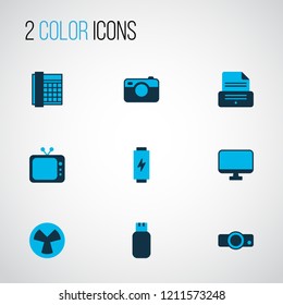 Device icons colored set with camera, telephone, projector and other usb card elements. Isolated vector illustration device icons.