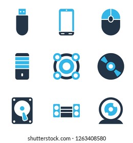 Device icons colored set with hdd, flash drive, web camera and other hard drive elements. Isolated vector illustration device icons.