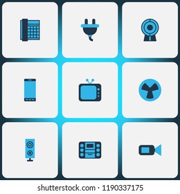 Device icons colored set with plug, smartphone, fan and other mobile phone elements. Isolated vector illustration device icons.