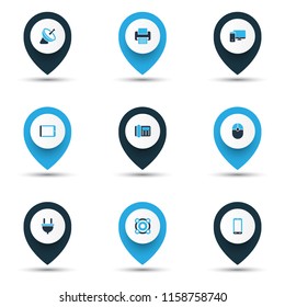 Device icons colored set with satellite, computer, cable and other smartphone elements. Isolated vector illustration device icons.