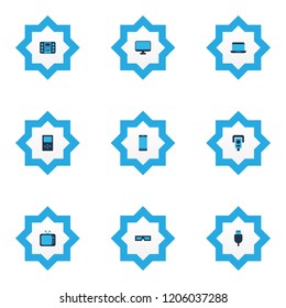 Device icons colored set with smartphone, laptop, tv and other mobile phone elements. Isolated vector illustration device icons.
