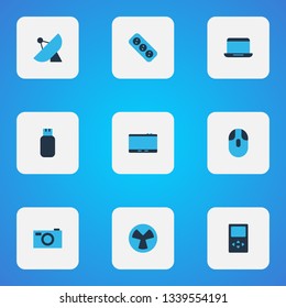 Device icons colored set with tablet, flash drive, mouse and other satellite elements. Isolated vector illustration device icons.