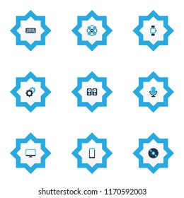 Device icons colored set with technology, amplifier, smart watch and other compact disc elements. Isolated vector illustration device icons.