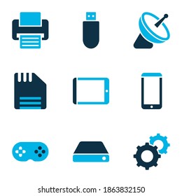 Farbige Gerätesymbole mit Technologie, Drucker, Diskette und anderen Telefonelementen. Isolierte Vektorgrafik-Gerätesymbole.