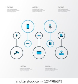 Device icons colored set with usb plug, telephone, modem and other communication tower elements. Isolated vector illustration device icons.