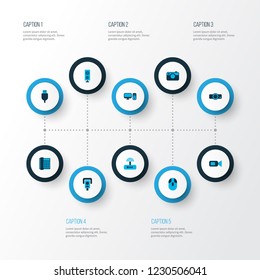 Device icons colored set with video control, loudspeaker, modem and other presentation elements. Isolated vector illustration device icons.