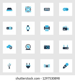 Device icons colored set with video camera, hard drive, projector and other presentation elements. Isolated vector illustration device icons.