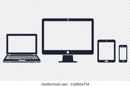 Device icons - desktop computer, laptop, smart phone and tablet on transparent background