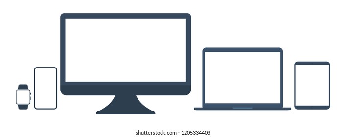 Device icons: desktop computer, laptop, smart phone, tablet and smart watch.Set of blank screens. Set realistic electronic gadgets isolated on background.
