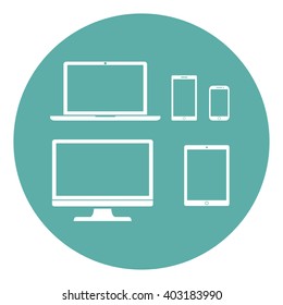 Device Icons: isolated smart phone, tablet, laptop and desktop computer flat style on a green background.  Stylish vector illustration of responsive web design.