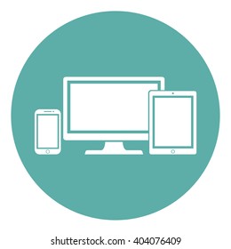 Device Icons: isolated smart  phone, tablet and desktop computer flat style on a green background. Stylish vector illustration of responsive web design.