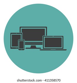Device Icons: isolated smart  phone, tablet, laptop and desktop computer flat style on a green background. Stylish vector illustration of responsive web design.
