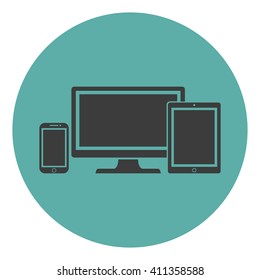 Device Icons: isolated smart  phone, tablet and desktop computer flat style on a green background. Stylish vector illustration of responsive web design.