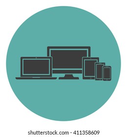 Device Icons: isolated smart phone,  tablet, laptop and desktop computer flat style on a green background. Stylish vector illustration of responsive web design.