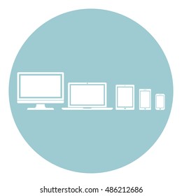 Device Icons: isolated smart phone, tablet, laptop and desktop computer flat style on background. Stylish vector illustration of responsive web design