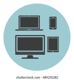 Device Icons: isolated smart phone, tablet, laptop and desktop computer. Stylish vector illustration of responsive web design.