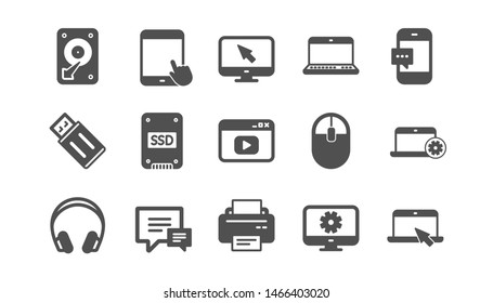 Device icons. Laptop, SSD and Headphones. Printer classic icon set. Quality set. Vector