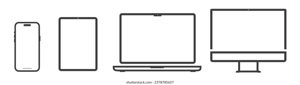 Device icons outline. smartphone, laptop, tablet and computer monitor screen, Vector illustration