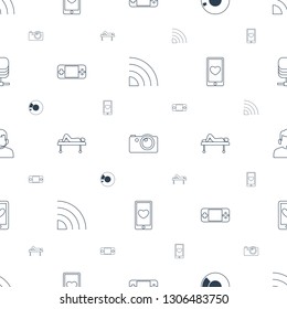 Device Icons Pattern Seamless White Background. Included Editable Line Signal, Camera, Disc, Portable Console, MRI, Heart Mobile, Support Icons. Device Icons For Web And Mobile.