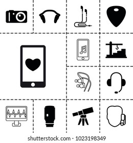 Device icons. set of 13 editable filled and outline device icons such as guitar mediator, earphones, camera, camera lense, construction  crane, support, telescope, heartbeat