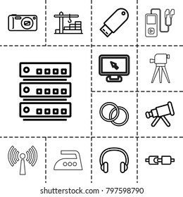 Device icons. set of 13 editable outline device icons such as telescope, flash drive, server, plug in power socket, headset, camera, camera lense, construction  crane