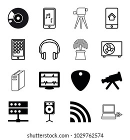 Device icons. set of 16 editable filled and outline device icons such as telescope, heartbeat, server, signal, loudspeaker, headphones, mobile phone music