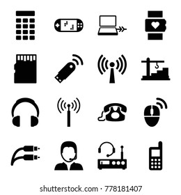 Device icons. set of 16 editable filled device icons such as signal tower, phone, heart rate watch, earphone wire, support, construction  crane, intercom, computer mouse