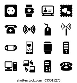 Device icons set. set of 16 device filled icons such as signal tower, desk phone, mouse, laptop, CPU, heartbeat on phone, photo with heart, portable console, medical phone