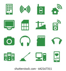 Device icons set. set of 16 device filled icons such as heartbeat on phone, display, arm lever, earphones, camera, construction  crane, intercom, pc, calendar on phone